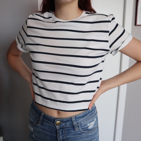 Dark Blue and White Striped Cropped T-Shirt - Picture 2 of 4